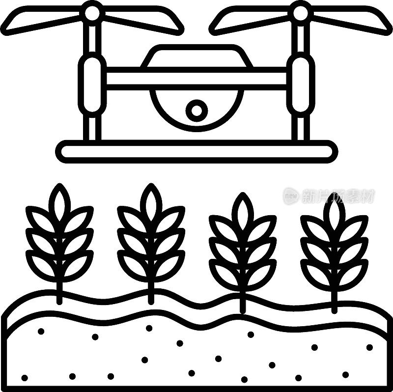 作物害虫侦察矢量线图标设计，农业和农业符号，村庄生活标志，农村和牲畜插图，农业无人机飞行概念