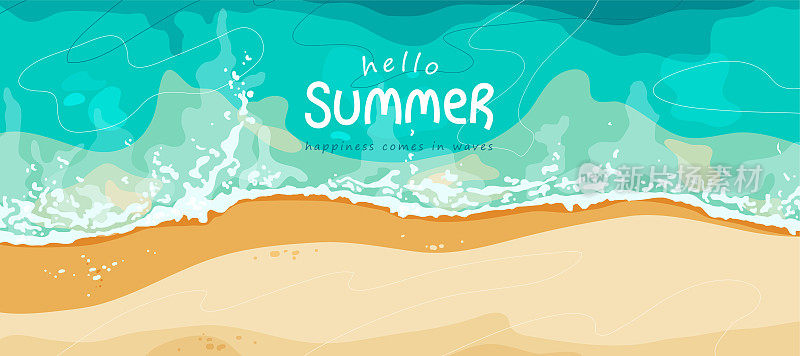 夏天向量背景。热带海洋海滩旗帜与黄色的沙子和蓝色的大海。短信标志夏季旅行。俯瞰岸上的海浪，白色的泡沫