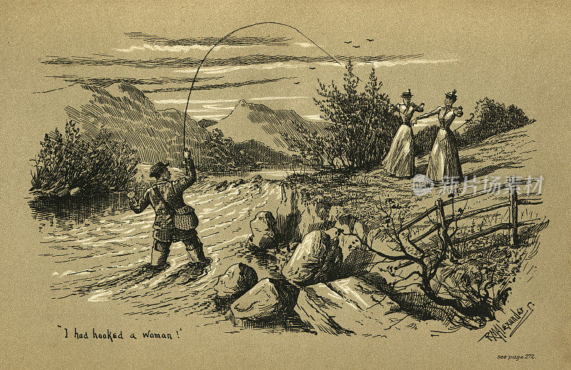 男人在河里钓鱼，用鱼线钓女人，维多利亚运动，19世纪90年代，19世纪