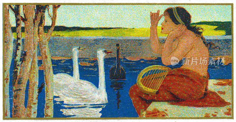 女人在湖上与天鹅演奏竖琴新艺术插图1899年