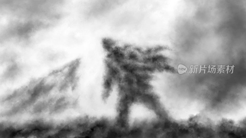 孤独的人在发展褴褛行走。黑暗的剪影可怕的插图。雾中的绝望启示录。朦胧的风景催人泪下。