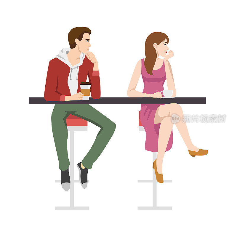 一个男孩和一个女孩坐在咖啡馆里，一边喝咖啡一边聊天。咖啡馆里的一对男女。的