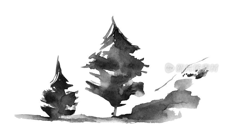 松树挺立在高山上，具有云海山水、水墨山水的中国画风格。