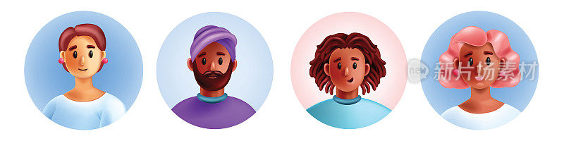 3D多样的人头像，微笑的年轻学生卡通脸工具包，矢量男人的角色头部。