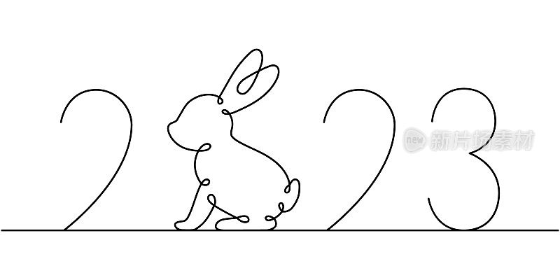 2023年兔年。兔子一条线连续绘图。野兔连续一行插图。中国农历2023年。矢量插图。