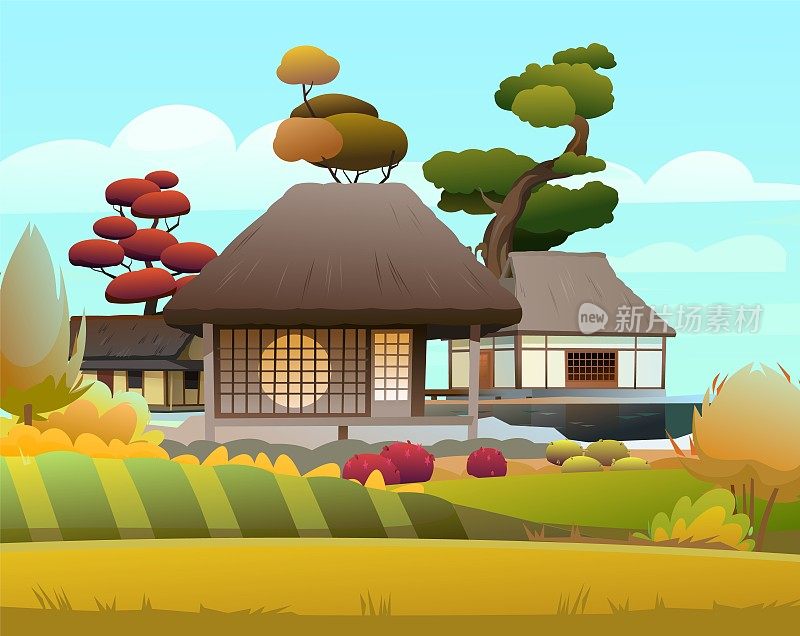 日本传统房屋。与农村的床。小村庄。茅草屋顶的乡村住宅。说明向量。