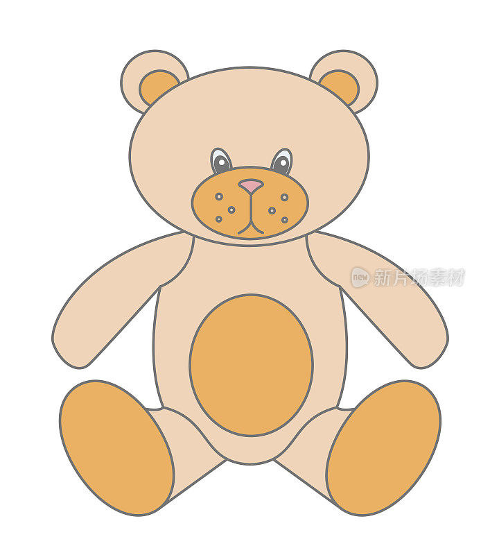 泰迪熊婴儿玩具填充长毛绒在平面风格。矢量儿童插图图标。卡通人物。柔和的棕色