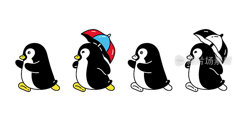 企鹅矢量鸟图标雨伞下雨标志卡通人物涂鸦插图符号设计孤立