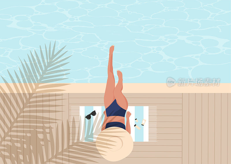 泳池派对旗帜矢量平面插图。穿着泳装的女孩在泳池边懒洋洋地晒太阳。
