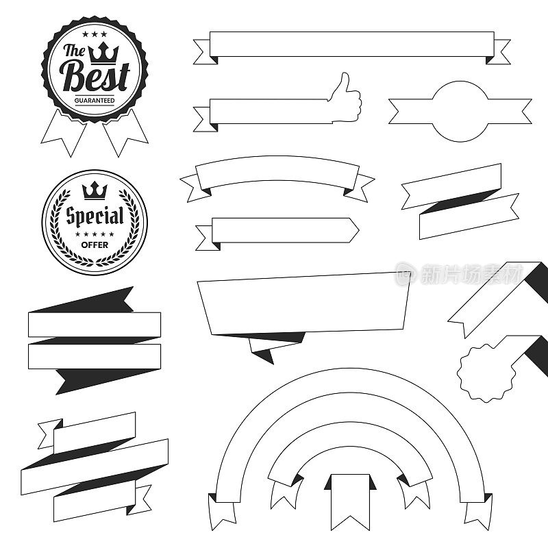 采购产品缎带，横幅，徽章，标签(轮廓，线艺术)-设计元素在白色背景