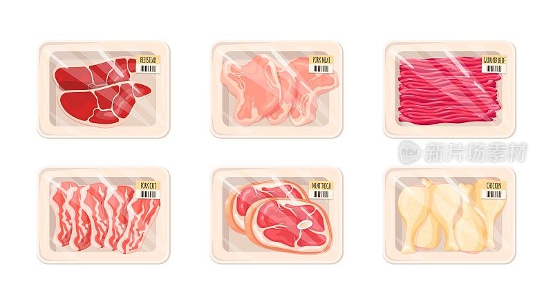 生肉包装。包装好的碎牛肉，冷冻猪肉里脊或鸡肉包装真空塑料托盘柜台超市，切牛肉生牛排新鲜肉糜产品矢量插图