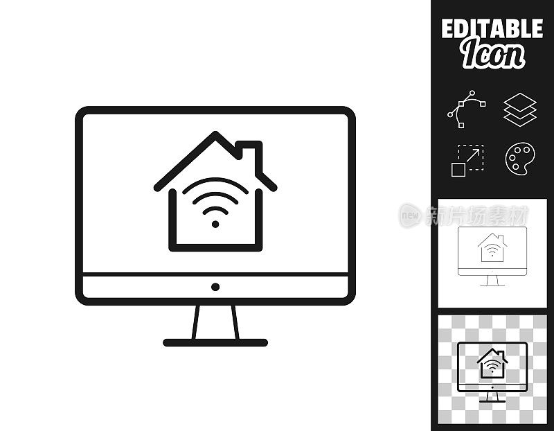 带有智能家居的台式电脑。图标设计。轻松地编辑
