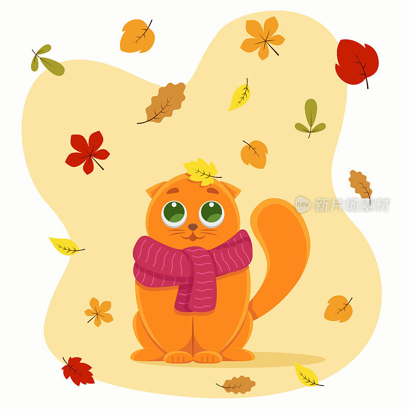 矢量插图红猫坐在秋叶下飘落