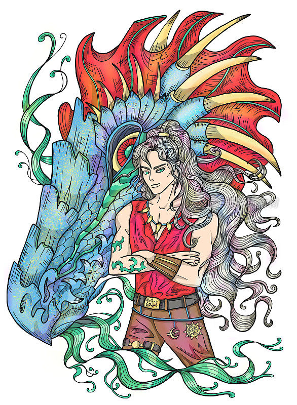 彩色插画与幻想龙和英俊的战士性格男孩
