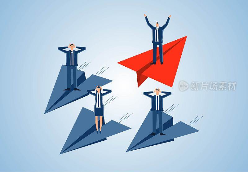 不同的想法或创新在竞争中获得成功，个人或技能优势在竞争中帮助商人成功，商业领袖或独特的成就者，领导者在纸飞机飞行和三个绝望