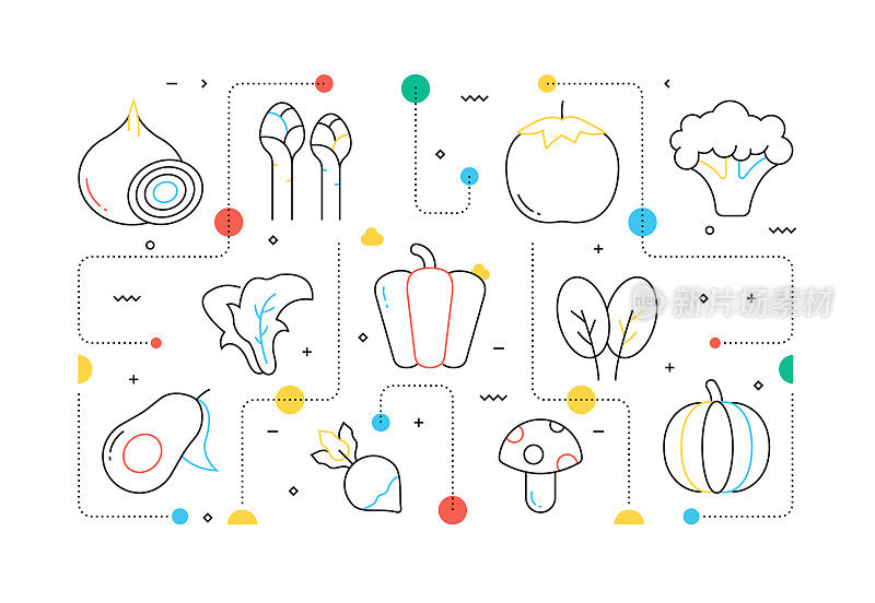 蔬菜相关的线风格横幅设计网页，标题，小册子，年度报告和书的封面