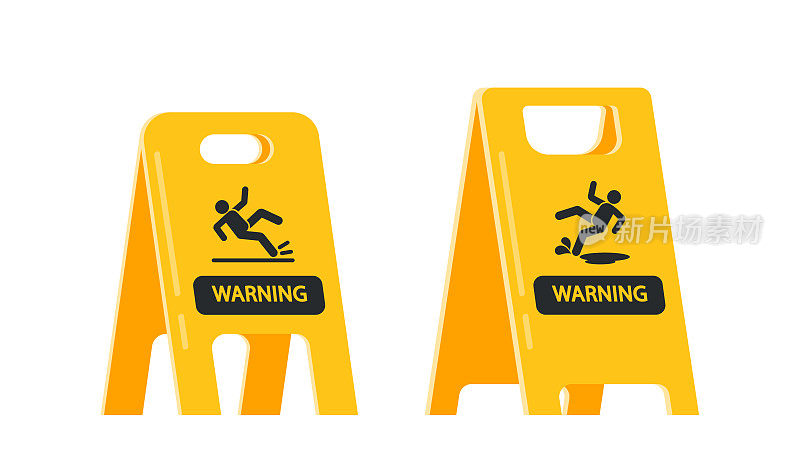 黄色地板警告，塑料标牌上黑色剪影。小心有棍子人的符号会掉下来