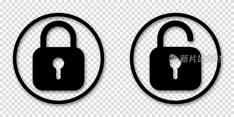 设置锁图标，锁图标。安全标志。矢量插图。闭锁和开锁挂锁符号。上锁和不上锁的标志。