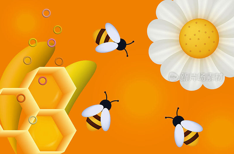 蜂群带着一朵花在养蜂场采蜜。矢量3d插图，橙色背景。昆虫给花授粉。草甸有草，环境好。蜜蜂采集花粉。