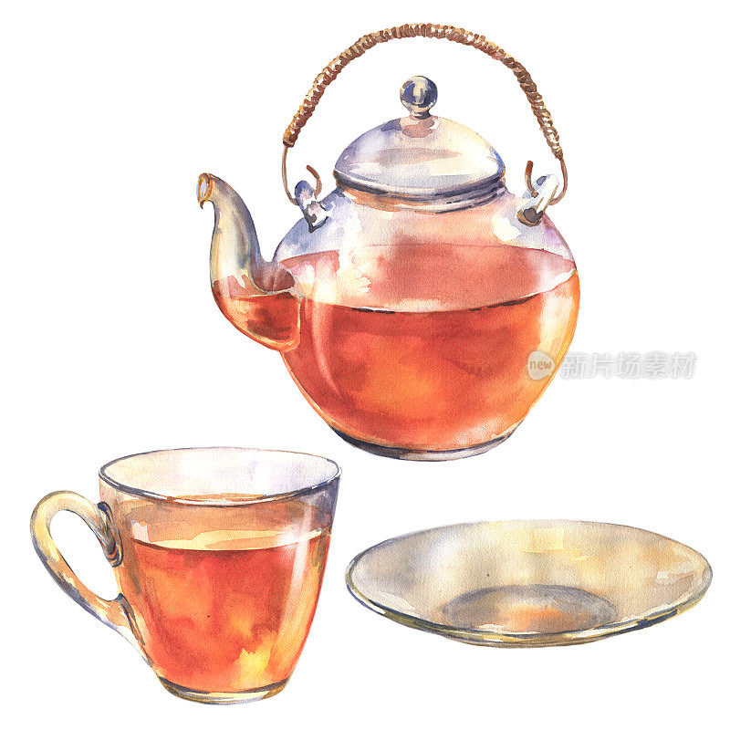 水彩画插图，透明玻璃茶壶与红茶，玻璃杯和茶托。一套菜肴孤立在白色背景