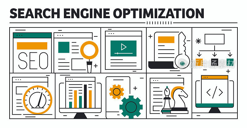 搜索引擎优化矢量设计。设计是可编辑的，颜色可以改变。创意图标的矢量集:开发，营销，网络，搜索引擎，网页设计