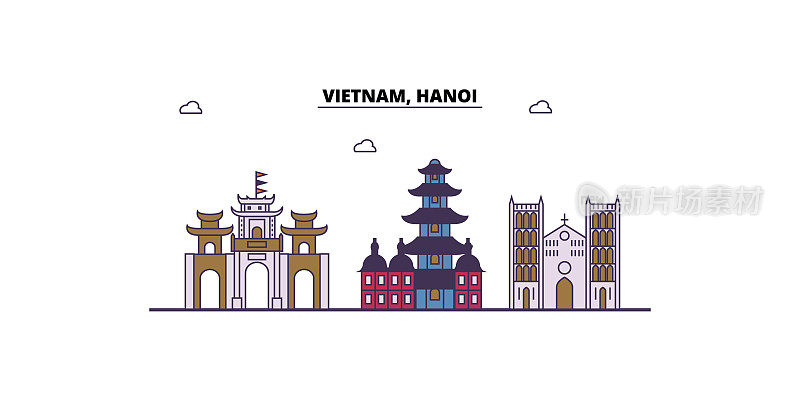 越南河内旅游地标，矢量城市旅游插画