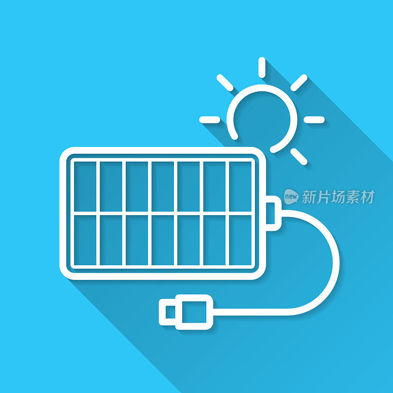 太阳能充电器。图标在蓝色背景-平面设计与长阴影