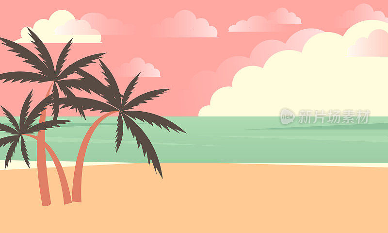 热带夏季海滩，棕榈树和粉红色的天空。海滨景观，热带海滩休闲或海滨景观。