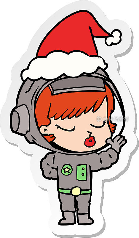 一个戴着圣诞老人帽子的漂亮宇航员女孩的手绘贴纸卡通