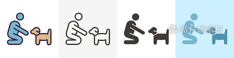 有小狗或小狗图标的人。矢量图形元素插图在不同的风格。可以适应不同的概念。宠物训练，收养，帮助被遗弃的动物，喂养，主人和狗之间的爱。