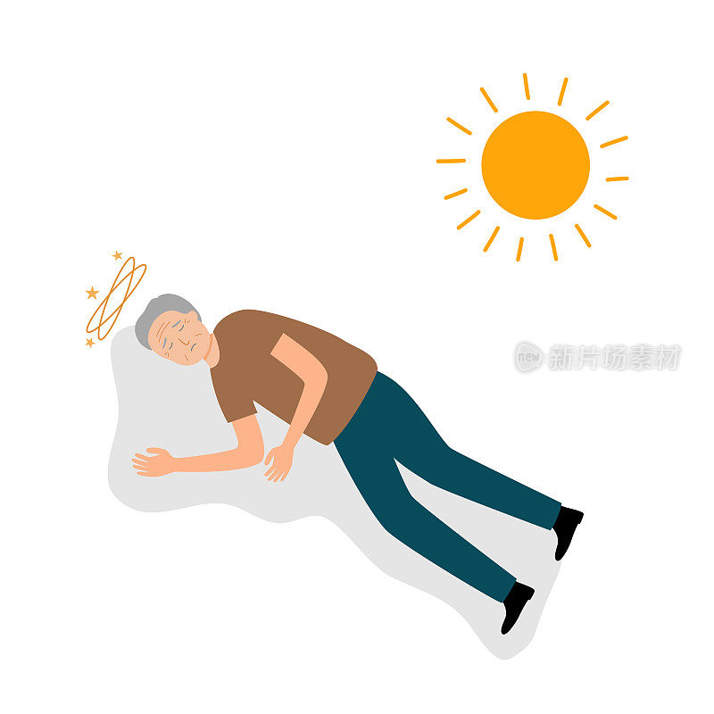 在白色背景的平面设计中，在强烈的阳光下昏倒的老年男子。头晕症状。