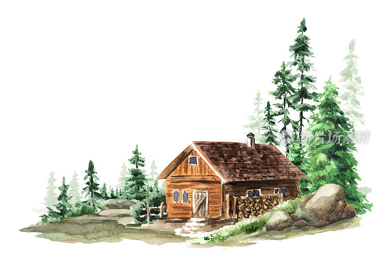 舒适的乡村别墅靠近森林，林地。手绘水彩插图，孤立在白色背景上