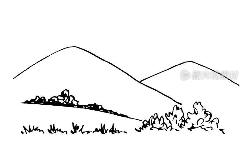 简单的黑色轮廓矢量绘图。山景、乡村。树，灌木和草。用墨水写生。自然和植被。