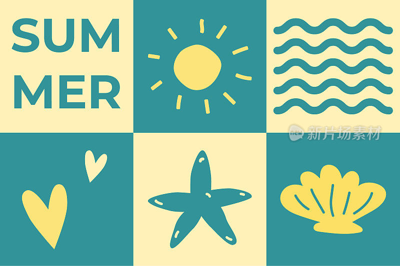 夏季正拼贴。矢量插图的海滩物体，太阳，贝壳，海浪，海星。文字设计。
