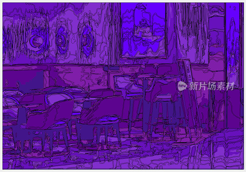 勾勒风格霓虹色彩超时空卡通室内场景，室内空间餐厅