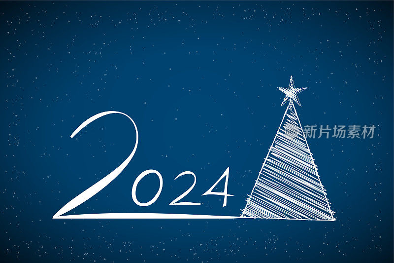 银白色文字2024新年快乐和抽象三角形作为圣诞树在黑暗午夜蓝水平节日发光闪闪发光的雪花矢量背景贺卡，海报和横幅