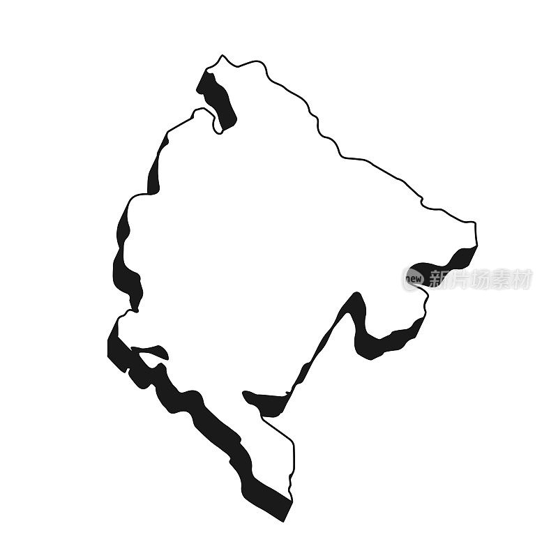 黑山地图与黑色轮廓和阴影在白色背景