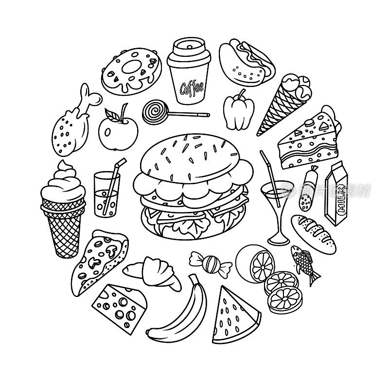 食物涂鸦套装，圆圈构图