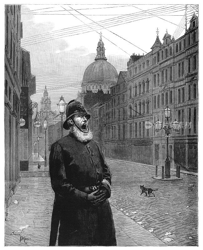警察在伦敦街头高呼星期日雕刻1884