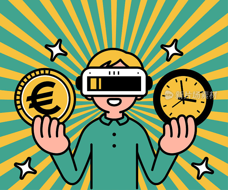 一个戴着虚拟现实耳机或VR眼镜的男孩进入虚拟世界，看着观众，展示时间和金钱