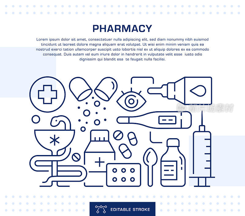 药房概念标题，网页横幅模板。可编辑的细线插图