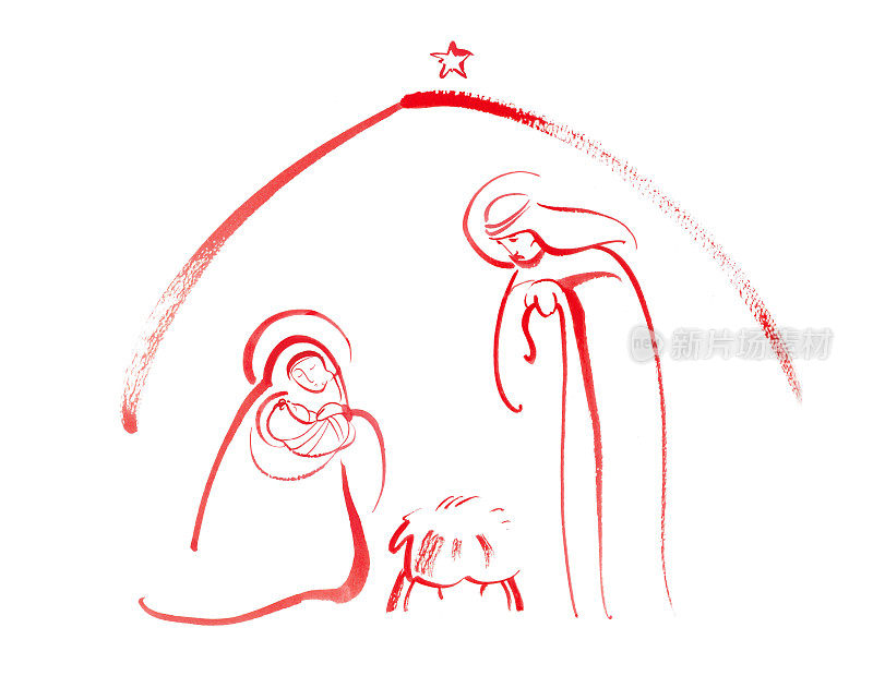极简水彩手绘耶稣诞生场景:婴儿耶稣基督，马槽，约瑟夫和玛丽在耶稣诞生场景与伯利恒之星
