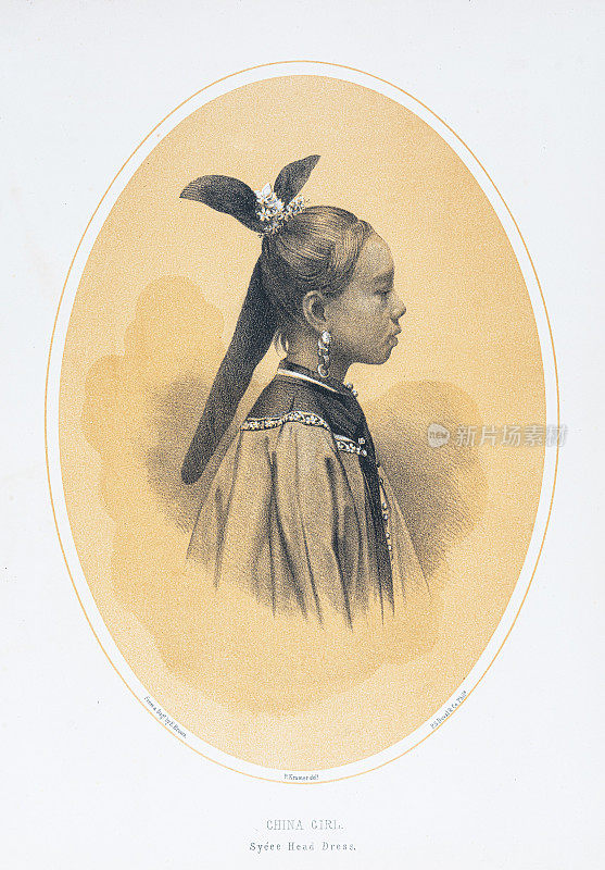 中国女孩的肖像与头饰-彩色平版1856