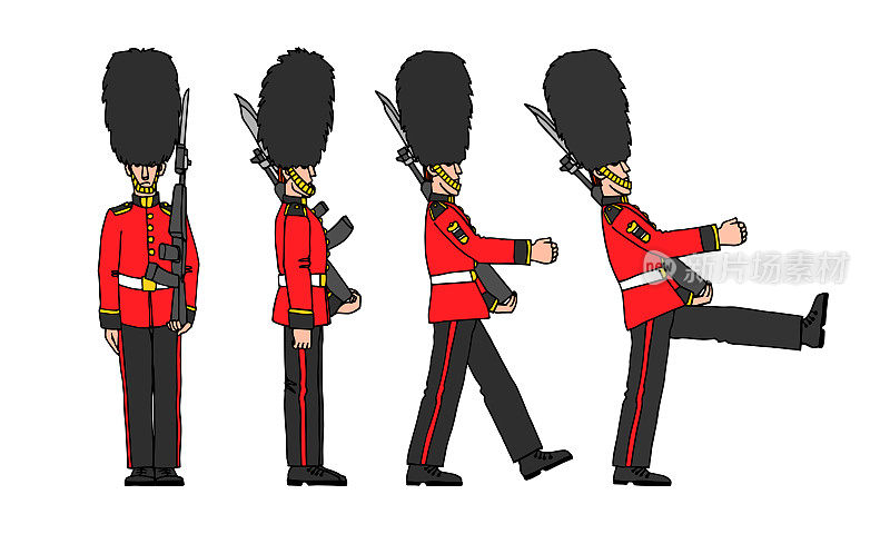 这是一组站立和行进中的皇家卫兵，头戴象征伦敦的熊帽