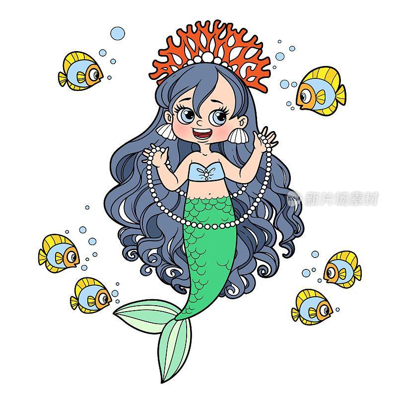 可爱的小美人鱼女孩在珊瑚头饰显示了一个长珍珠项链的鱼颜色变化着色页