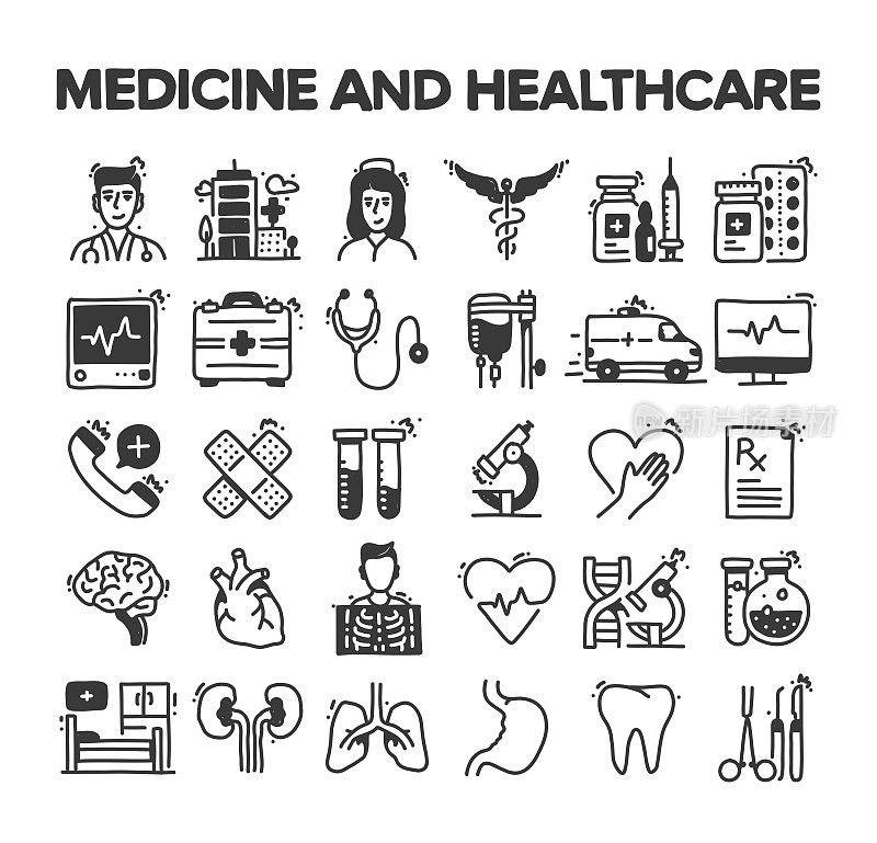 医药和医疗保健相关的手绘矢量涂鸦图标集