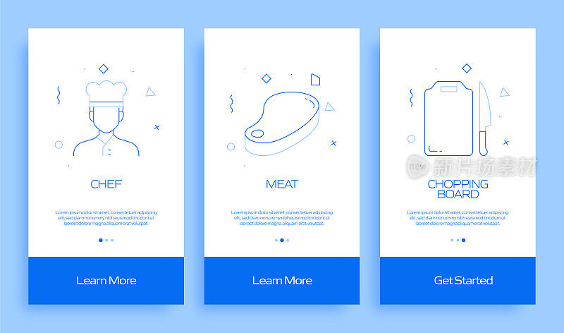在移动应用页面上使用扁平图标的烹饪概念。用户体验，UI设计模板矢量插图