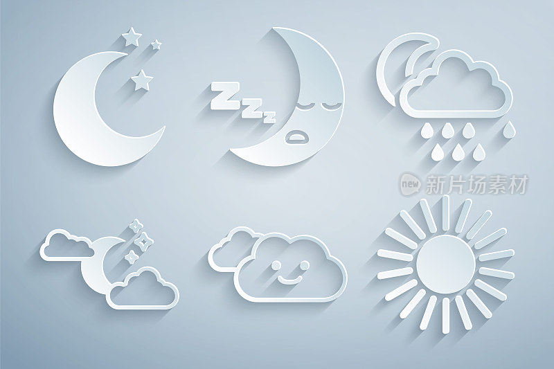 设置云，雨和月亮，星星，太阳，月亮图标和图标。向量