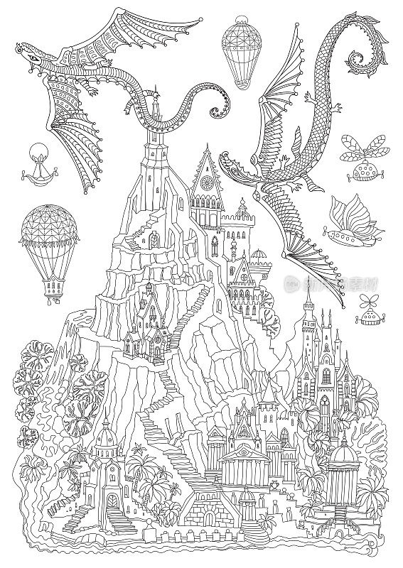 山上的童话城堡，棕榈树，河流瀑布。飞龙和气球。成人涂色书页