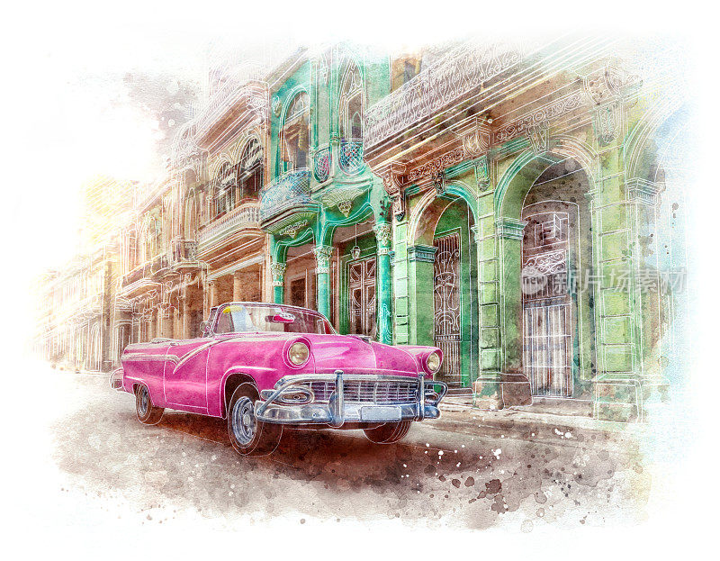 老爷车的经典敞篷车在古巴哈瓦那旧城画水彩画